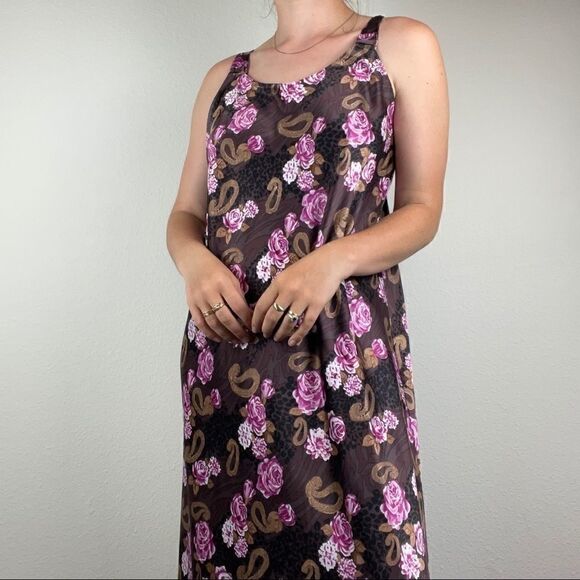 Vintage 90s Women’s 100% Silk Pink Brown Floral Maxi Nightgown Slip Dress Sz L - Picture 3 of 10